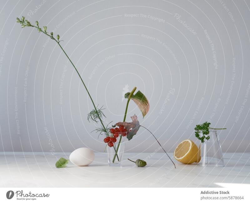 Minimalistic still life of natural elements on a white background minimalism egg lemon twig sprig serenity simplicity beauty arrangement glass vase