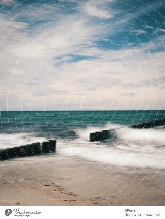 on the stage Baltic Sea Break water Ocean Sky Clouds hazy blurred movement Waves Water Beach Sand Surf Vacation & Travel Horizon coast Swell Landscape Elements