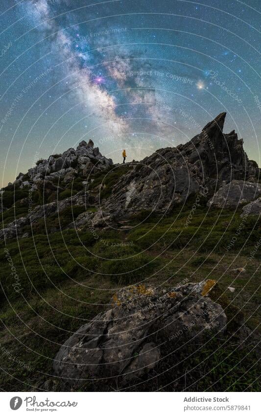 Unrecognizable lone explorer under the Milky Way in Sotres, Asturias, Spain milky way star night sky rock formation asturias spain wilderness solitude sotres