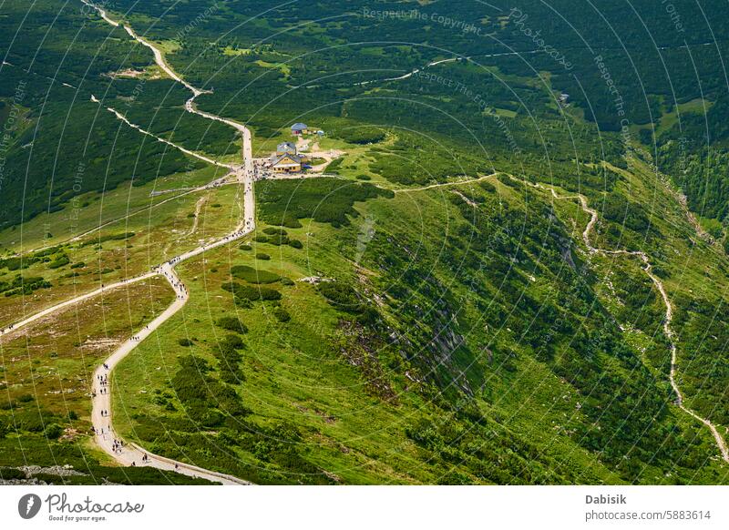 Hiking Trail with tourists on Sniezka Mountain in Karpacz, Poland mountains trail hikers lodge hiking nature landscape trekking route travel sniezka karpacz