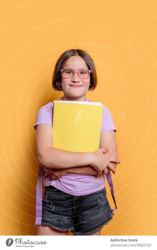 Young girl with glasses holding a book in a studio smiling yellow background purple t-shirt denim shorts child education studying happy reading school kid