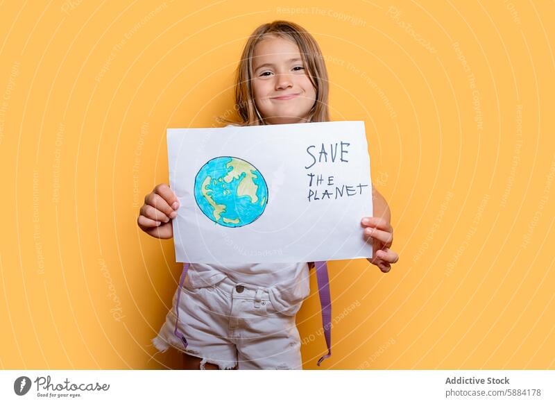 Young girl holding a Save the Planet sign child kid young smile environmental protection campaign earth conservation eco-friendly awareness climate action