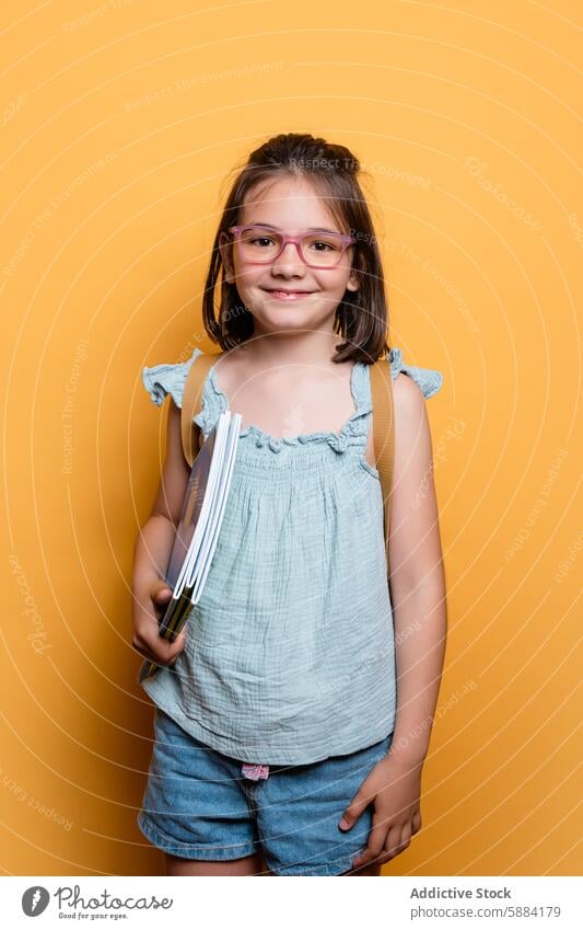 School-aged girl with books smiling against yellow background school glasses denim backdrop studio child education scholar kid pupil smile happiness fashion