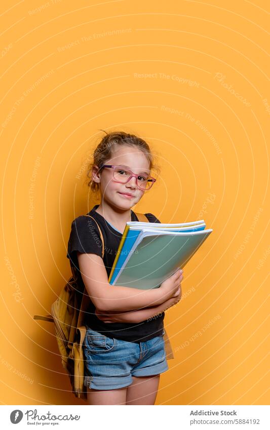 Young girl with glasses holding school books on yellow background schoolgirl backpack textbook studio cheerful student education child study confident