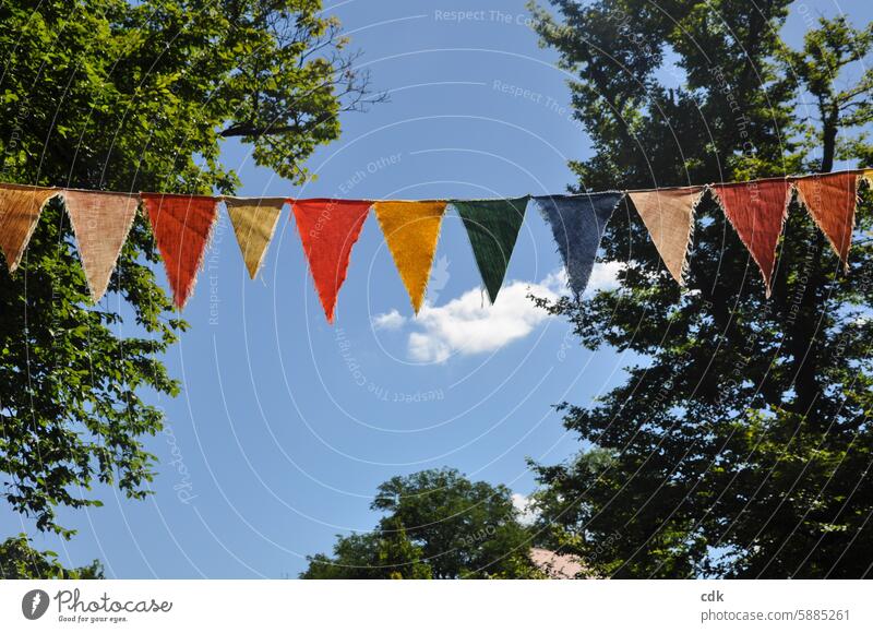 Colorful fabric garland between trees | celebrate summer! Paper chain Decoration Feasts & Celebrations Party Joy Deserted variegated Multicoloured Happiness