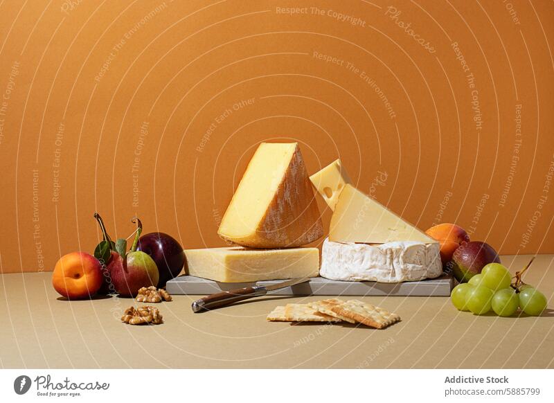 Array of gourmet cheeses with fruits on a beige background apple grape apricot food surface top view dairy fresh assorted variety platter culinary nutrition