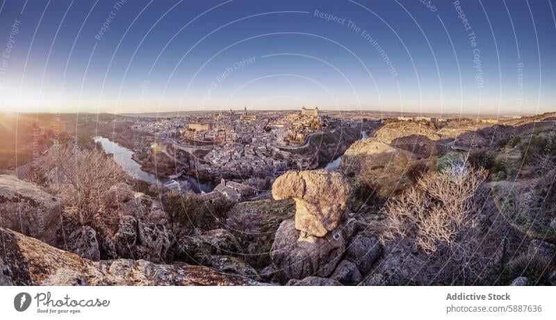 Panoramic view of Toledo, Spain at sunset toledo castilla la mancha spain panorama cityscape historic alcazar tagus river landscape travel tourism landmark