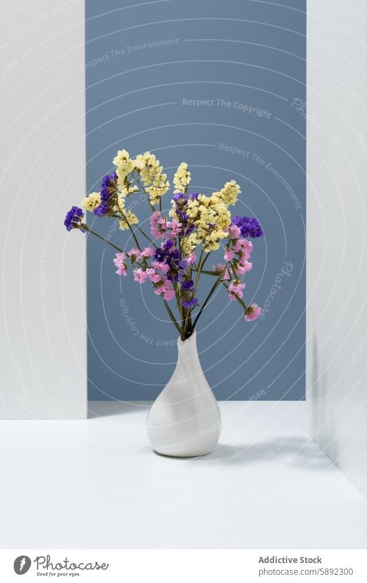 Vibrant Limonium sinuatum arrangement in a white vase limonium sinuatum statice flower purple pink yellow decor interior minimal design stylish modern plant