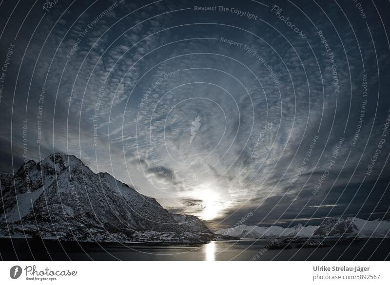 Norway | Sunset at the fjord Fjord Evening evening mood Mountains and water Water mountain snow-covered dramatic clouds Cloud pattern Sky Clouds Scandinavia