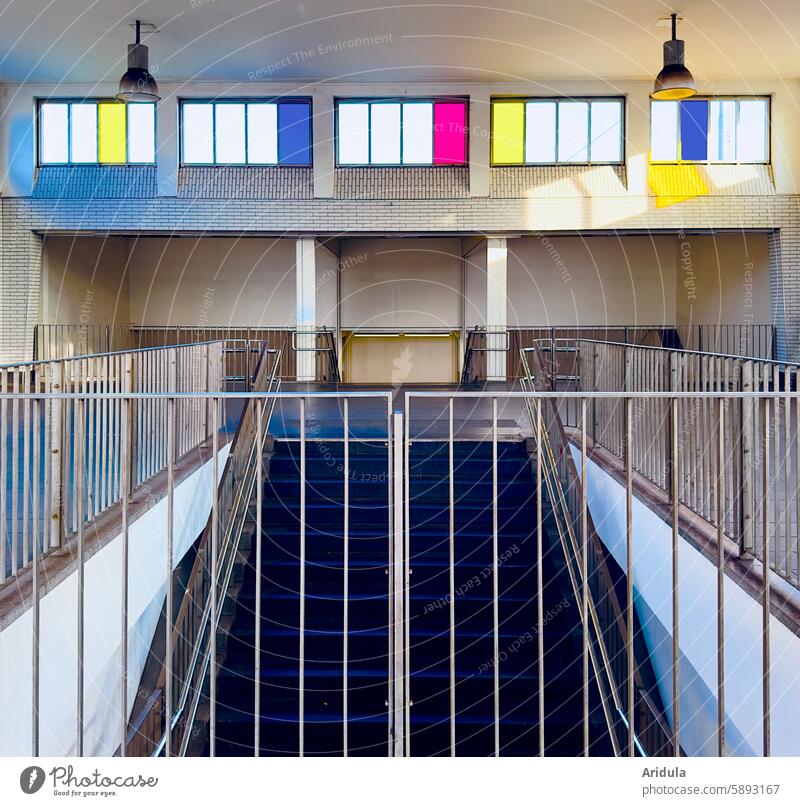 Feldstrasse subway station Hamburg Window Light variegated Glass Architecture Building Stairs Sunlight Blue Yellow Red teppen balustrade Banister rail