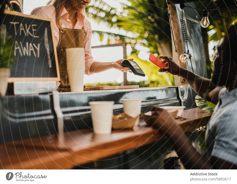 African man making contactless payment at food truck restaurant - Focus on hand holding smartphone african african american app bar beverage black buying