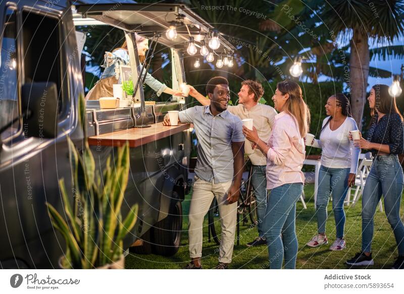 Group of diverse friends having fun truck party food takeaway order summer group gather street food happy cheerful celebrate together to go men talk queue