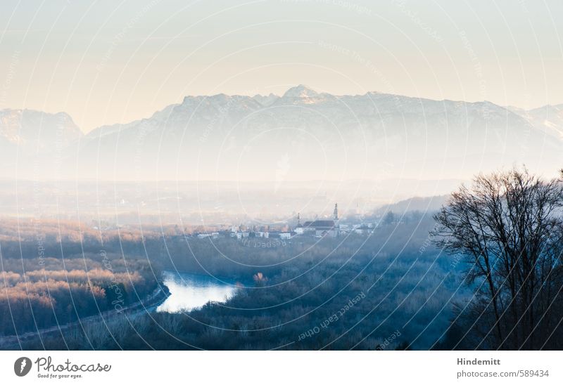 widths Mountain Nature Landscape Sky Cloudless sky Winter Climate change Beautiful weather Tree Forest Virgin forest Hill Alps Peak Snowcapped peak River