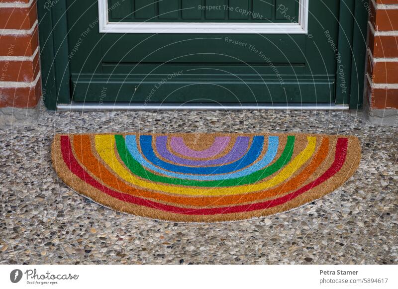 Rainbow at the door Prismatic colors Multicoloured Colour variegated Green Yellow Blue Red purple Doormat colourful Deserted Colour photo Orange Entrance