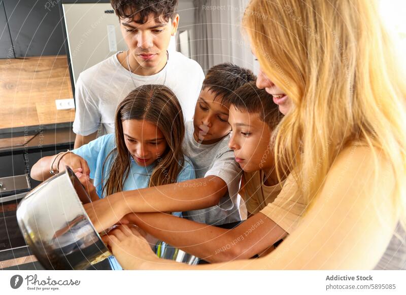 Triplets cooking together in a modern kitchen triplet collaboration teamwork sibling pouring pot sunny family home activity ingredient preparation interaction