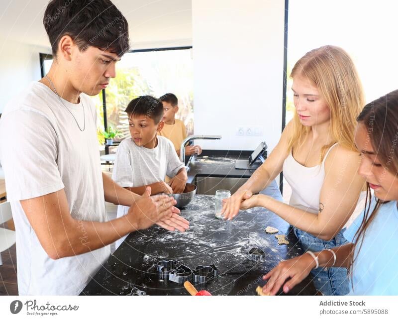 Triplets enjoying a cookie-making session at home triplet baking kitchen family bonding teamwork dough fun modern cooking sibling indoor activity casual flour