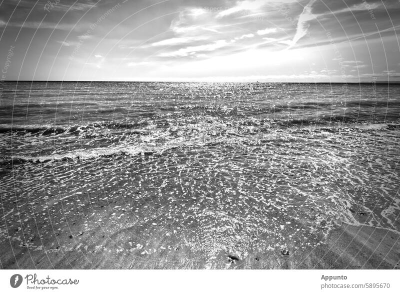 View from a sandy beach over the water and the waves glistening in the sunlight, out to the wide sea and a bright, light-flooded sky on the horizon. Black and white photograph.