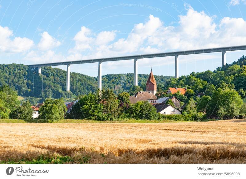 Geislingen am Kocher with the A6 highway bridge in the background Country life Highway Bridge motorway bridge Hohenlohe Village Church modern Connect Transport