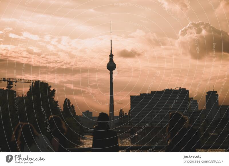 Cloudy sky over Berlin Berlin TV Tower Silhouette Sky Clouds Depth of field Capital city Downtown Monochrome Passers-by Back-light Tourist Attraction