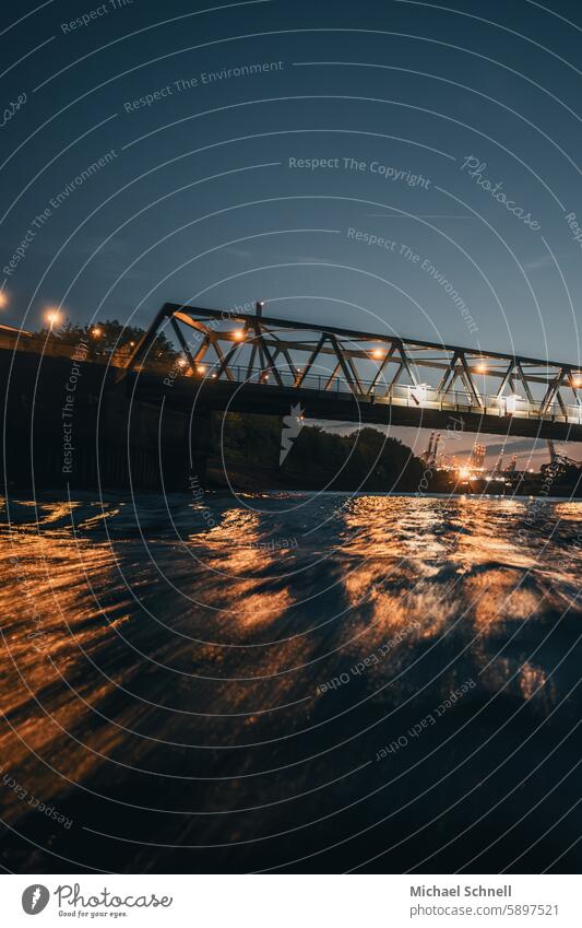 Underway on the Elbe (tributary), Hamburg Tourist Attraction Harbour Navigation Port City Illuminated Architecture clearer Maritime Port of Hamburg Twilight