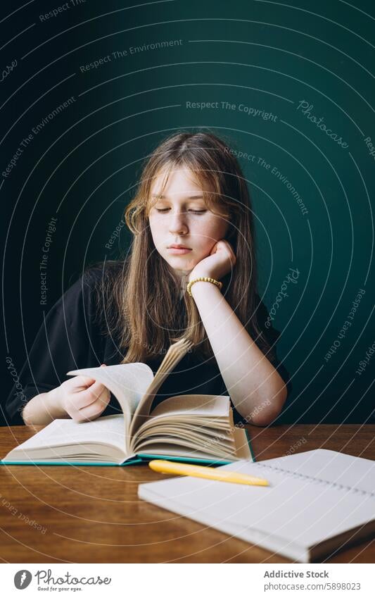 Teenage girl immersed in reading at a school desk teenage book study materials focused thoughtful academic learning engaged student education back to school