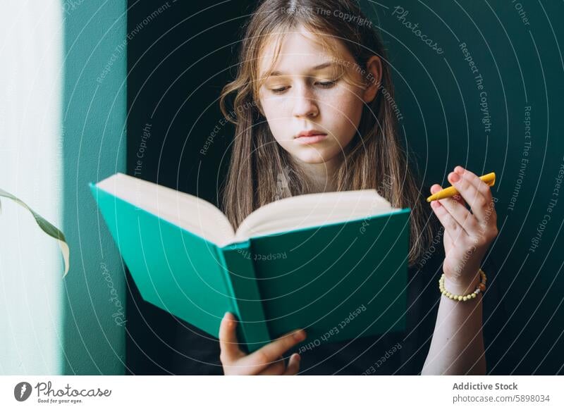 Young girl deeply engrossed in reading a book education studying back to school window natural light highlighter concentrating learning student homework