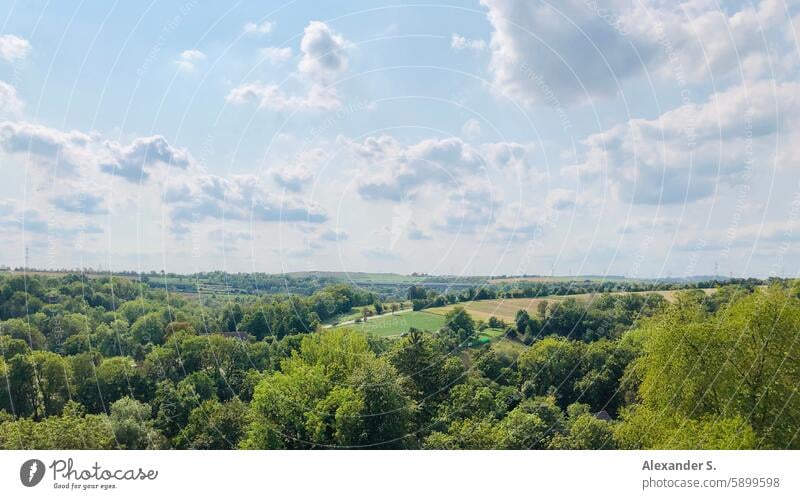 Wooded valley under a cloudy sky Valley Landscape Forest trees Sky Clouds Nature Blue Hill panorama Tourism Green Hiking Europe Summer Markgröningen Strohgäu