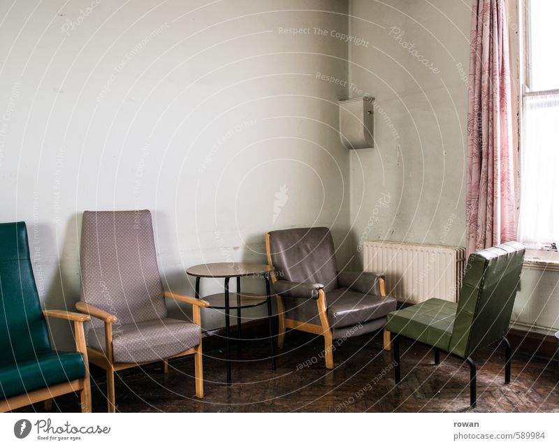 waiting room Interior design Furniture Armchair Chair Room Old Gloomy Broken Boredom Drape Wait Waiting room Sit Uninhabited Colour photo Exterior shot Deserted