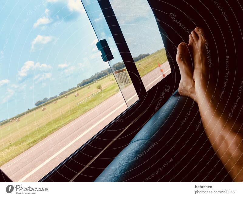 on the way In transit travel Legs Mobile home rest relax recover Window Landscape Lanes & trails Vacation & Travel Far-off places Freedom Adventure Colour photo