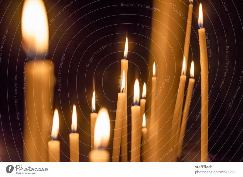 Many lighted candles in a church shoulder stand Candlelight Candle flame Warm light Warm colour Church Light Flame Illuminate Burn Pensive Hope Meditation