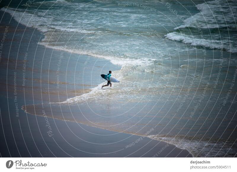 A shortboard athlete goes from the beach to the wavy sea to surf. View from the side Surfing Waves Surfboard Sports Water Ocean Aquatics Man Lifestyle Athletic