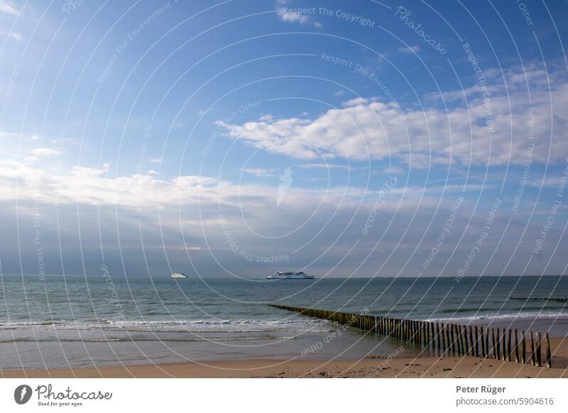 North Sea beach with groynes Beach Opal Coast sangatte France North Sea coast Ferry Channel Summer vacation voyage Blue Vacation & Travel Tourism Ocean Sky