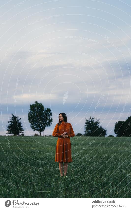 Brunette woman in orange dress standing alone in a green field brunette solitude peace nature outdoor grass cloudy sky horizon elegant graceful tranquil