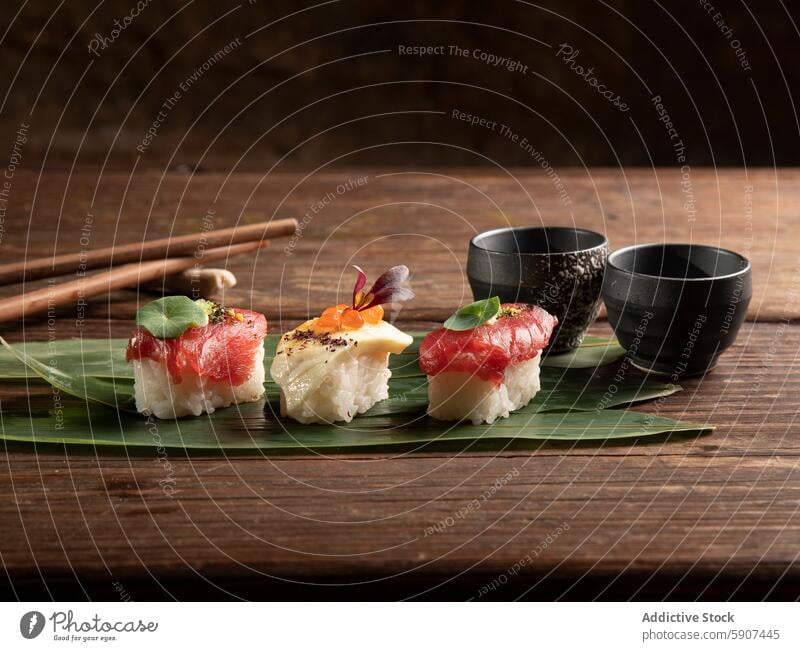 Artfully arranged sushi selection on a rustic wooden table japanese cuisine food presentation ceramic bowl chopstick green leaf tuna rice gourmet delicacy