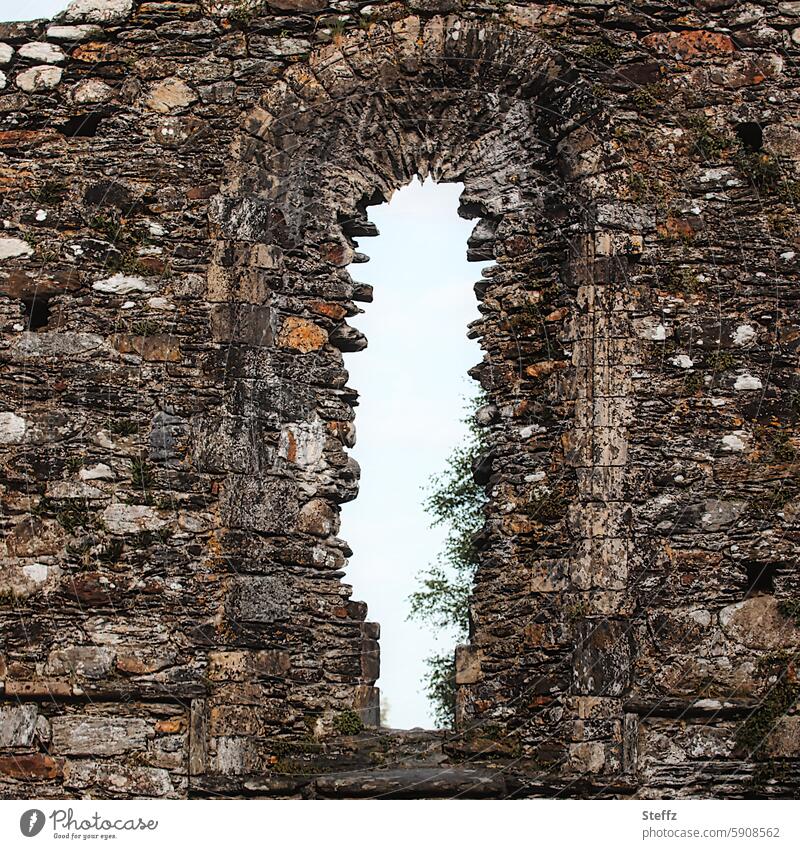 ray of hope Window Ruin Shaft of light Bright spot lost place Stone wall Gap Wall (barrier) Broken broken window Old Historic Derelict Transience Narrow Past