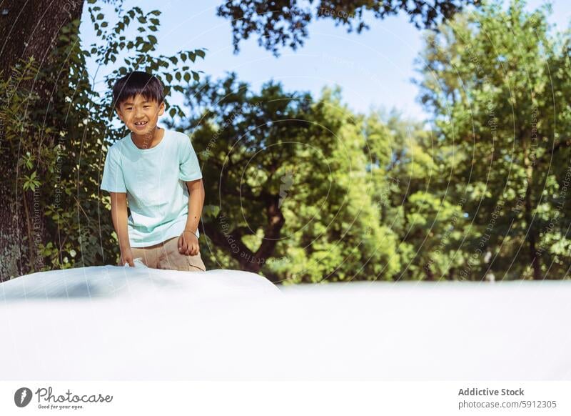 Young boy enjoying a sunny day at a picnic in the park asian summer outdoor family child play casual leisure fun green tree nature daylight bright cheerful