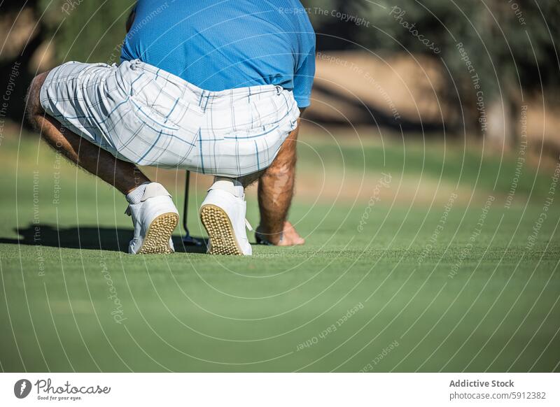 Back view of unrecognizable male golfer on the green sport back view anonymous faceless crouching putt course outdoor leisure hobby game competition athlete