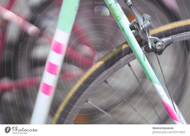 bicycle Retro pastel Mint green pink Pink White retro bike Bicycle Retro Colours retro style Colour photo Subdued colour Old Deserted Exterior shot Style