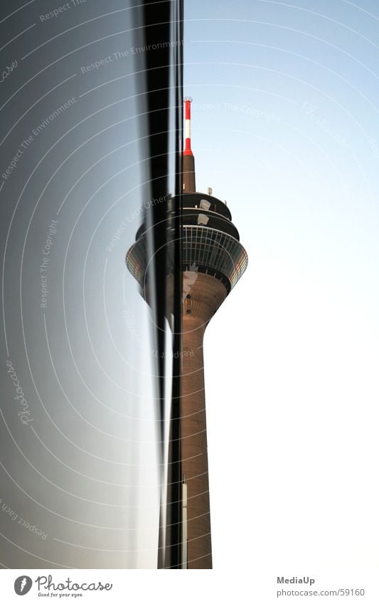 Rhine Tower Düsseldorf Medienhafen Mirror Rheinturm Half Store premises Data transfer Antenna Manmade structures Media Duesseldorf Work and employment spieglung