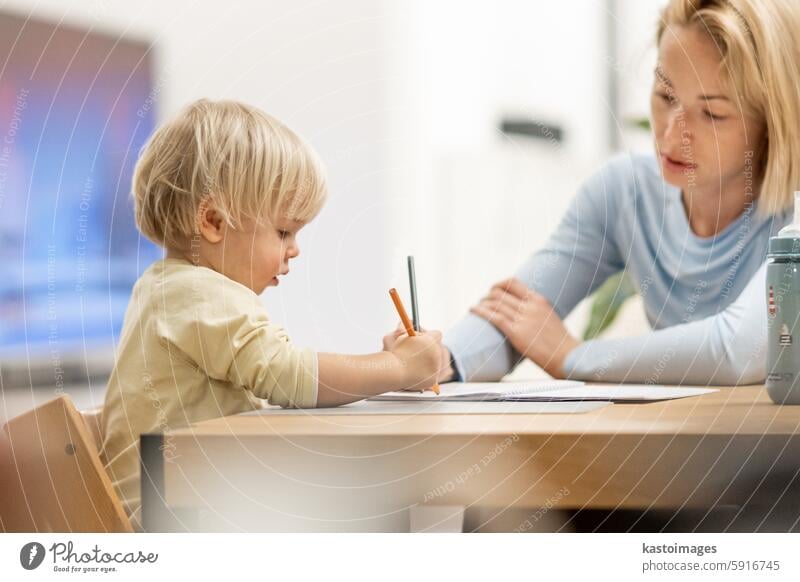 Caring young Caucasian mother and small son drawing painting in notebook at home together. Loving mom or nanny having fun learning and playing with her little 1,5 year old infant baby boy child.