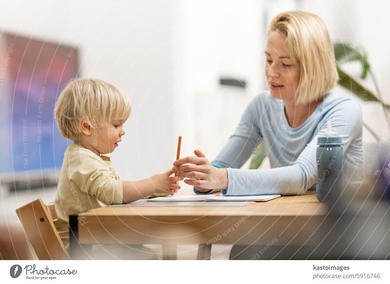 Caring young Caucasian mother and small son drawing painting in notebook at home together. Loving mom or nanny having fun learning and playing with her little 1,5 year old infant baby boy child.