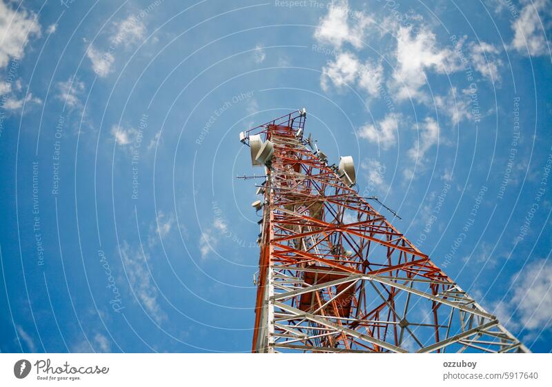 Cellular signal communications tower antenna technology connection radio mobile phone station equipment broadcasting sky telecom industry metal frequency