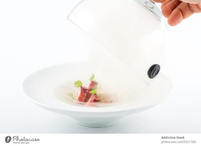 Smoke infusion of gourmet dish in elegant presentation smoke infusion transparent dome duck microgreens white plate white background minimalist hand lifting