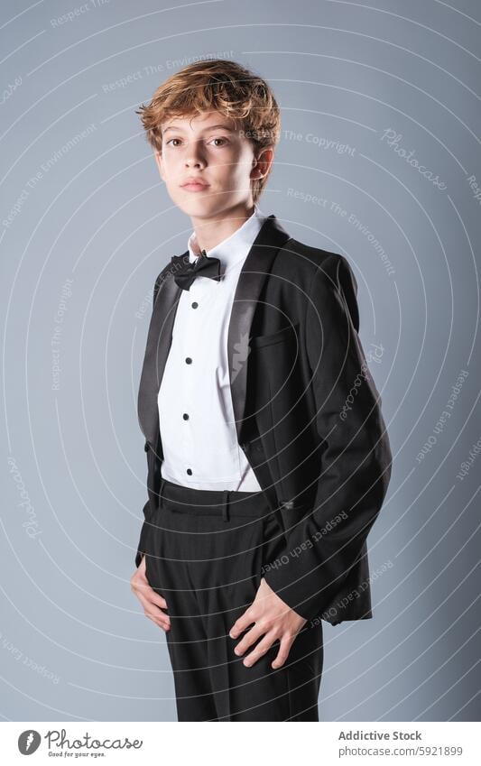 Preteen boy wearing elegant suit and bow tie looking away in studio kid classy confident preteen child style tuxedo formal outfit hands in pocket well dressed