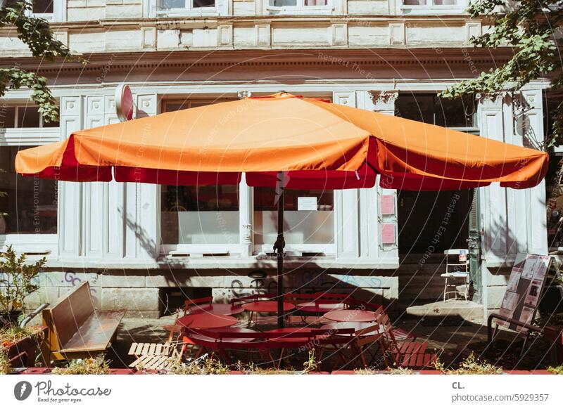 ut / only floating is more beautiful / café Café Summer Sunshade Table Bench chairs Sidewalk café Gastronomy Orange