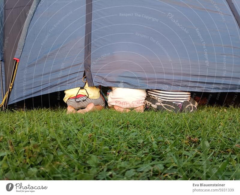 Children's feet and bottoms peek out of a gap in the tent Tent camping children Camping fissure Column gleaned Grass Meadow Vacation & Travel Camping site Green