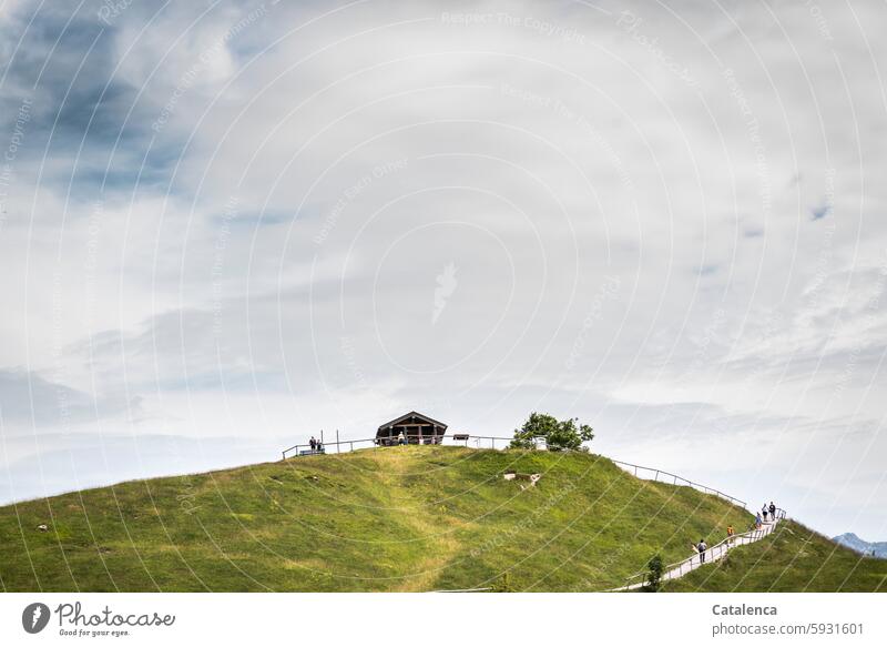 Hill with hut narrative Landscape mountains Sky Mountain Peak Clouds hiking trail hikers Day daylight Green Gray Tree Hiking Vacation & Travel vacation