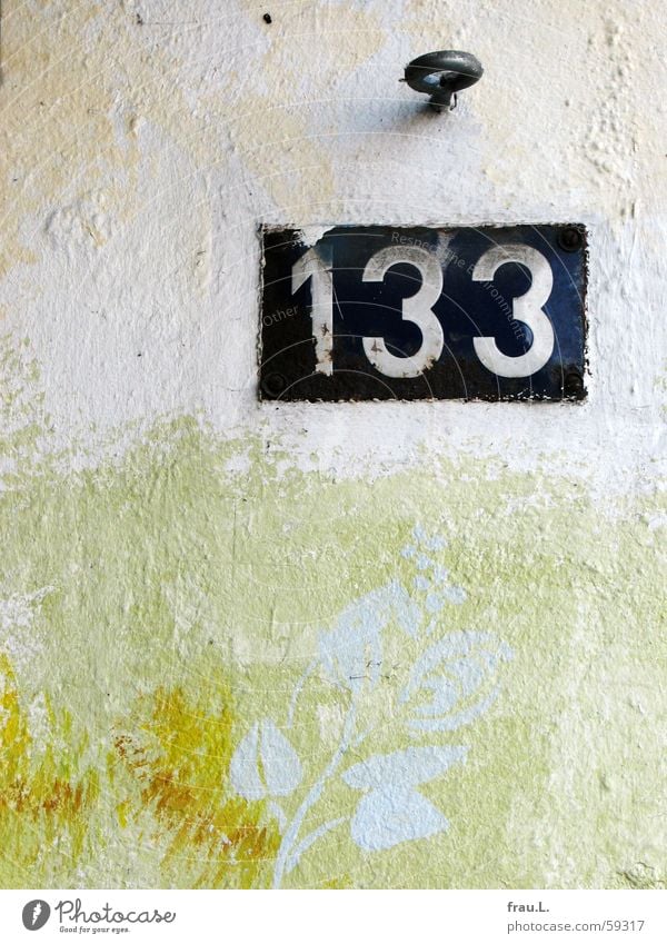 133 Digits and numbers House number Wall (building) Tin plate sign Painting and drawing (object) Checkmark Screw Flower Mural painting Signs and labeling Old