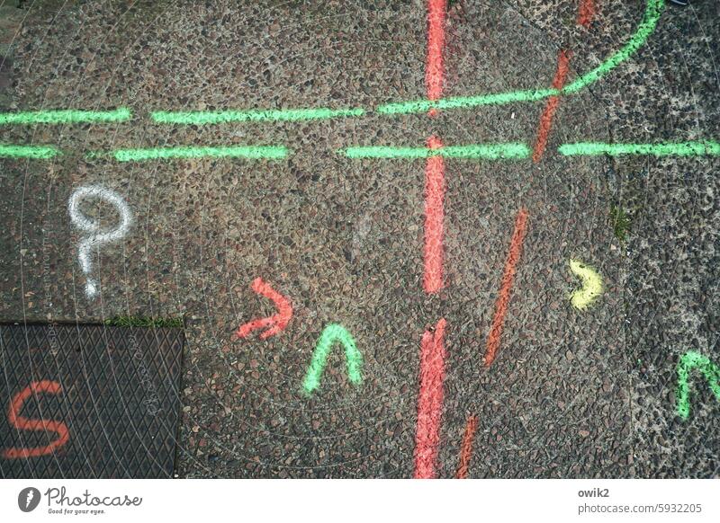 the very last Lane markings Asphalt Street Roadside Direction Graphic Colour Street art Road traffic Surface structure Bizarre Crazy crossed lines Crossroads