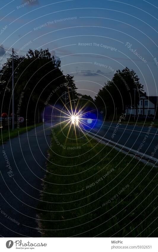 Country road at night Headlights Floodlight Light Motoring Dark Street light on Risk of accident Driving drive Transport Speed Exterior shot Night